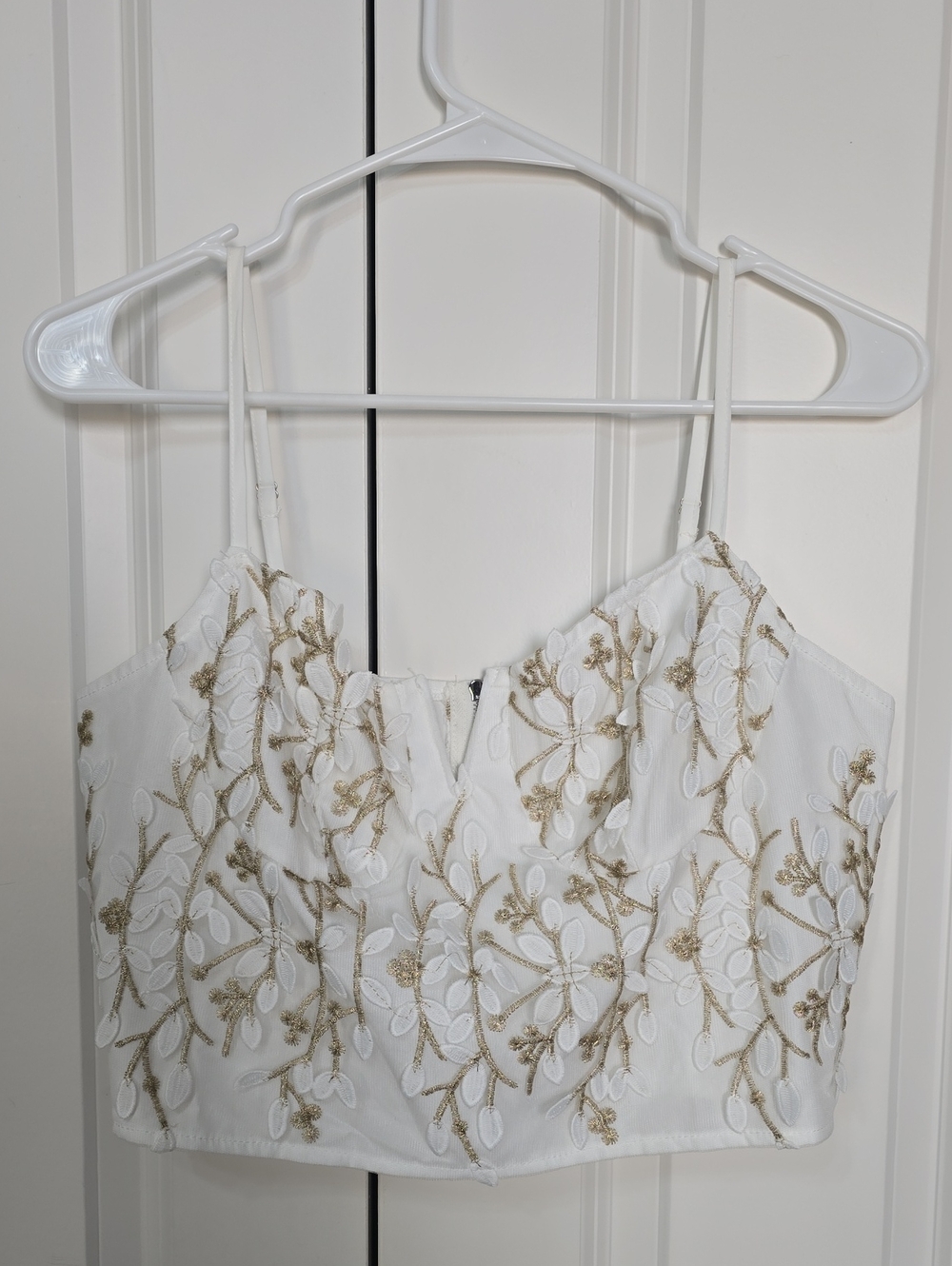 White Embroidered Floral Crop Top with Gold Thread